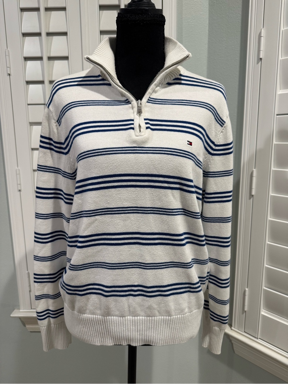 Tommy Hilfiger White and Navy Striped Quarter-Zip Knit Pullover